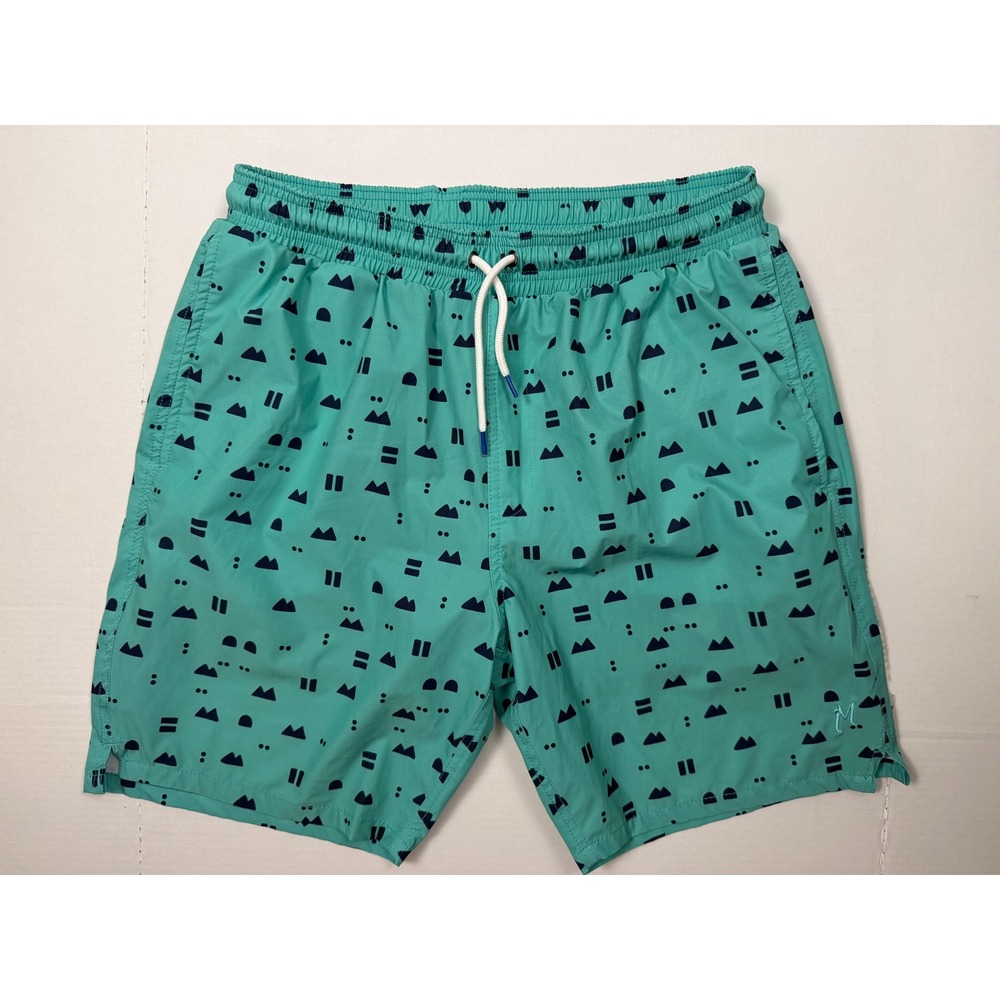Mugsy Swim Trunks Geometric Print L Teal Green Compression Liner Shorts